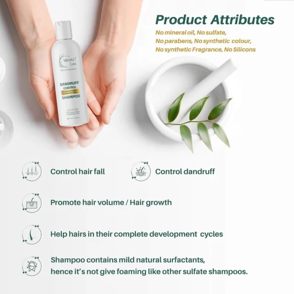 Nature’s Law Dandruff Control Shampoo bottle with natural herbal ingredients, sulfate-free, paraben-free, reduces hair fall and dandruff.