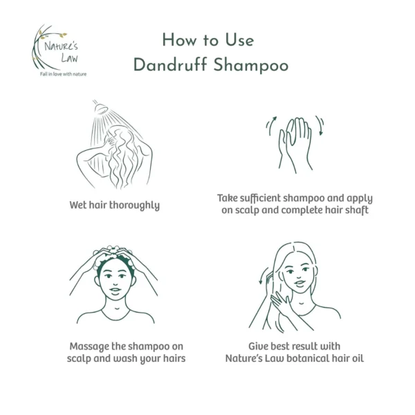 Step-by-step guide on how to use Nature’s Law Dandruff Control Shampoo – wet hair, apply shampoo, massage scalp, rinse, and use with botanical hair oil for best results.