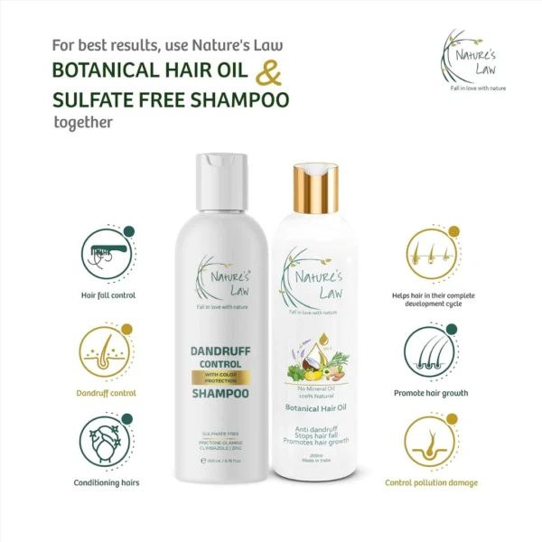 Nature’s Law Botanical Hair Oil and Sulfate-Free Dandruff Control Shampoo combo – natural solution for dandruff control, hair fall reduction, conditioning, and healthy hair growth.
