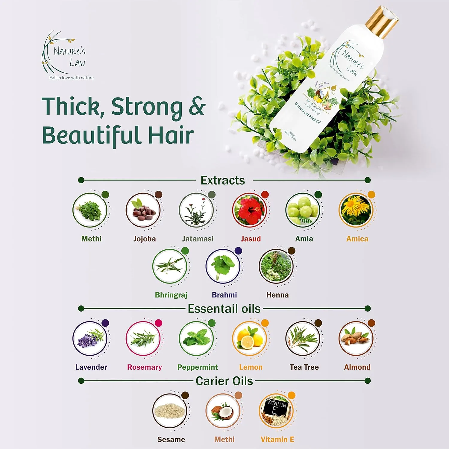 Nature’s Law Botanical Hair Oil with natural extracts, essential oils, and carrier oils for thick, strong, and beautiful hair.