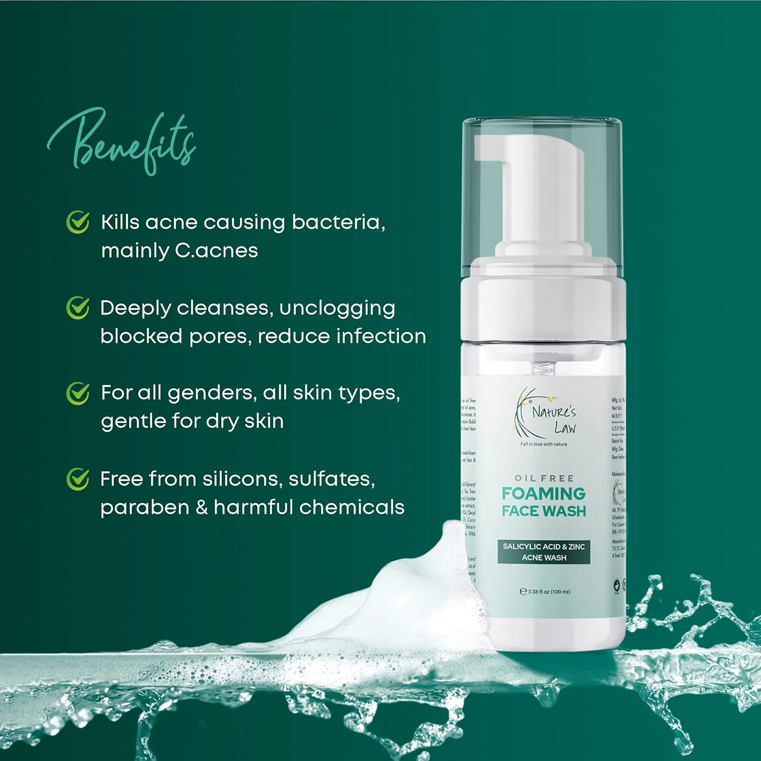 Nature’s Law Oil-Free Foaming Face Wash – Acne Control with Salicylic Acid & Zinc, Free from Silicones, Sulfates, and Parabens