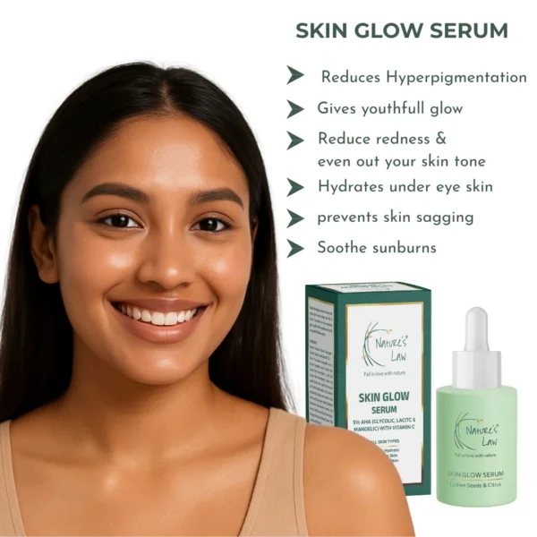Woman with glowing skin using Nature’s Law Skin Glow Serum – reduces pigmentation, hydrates & brightens