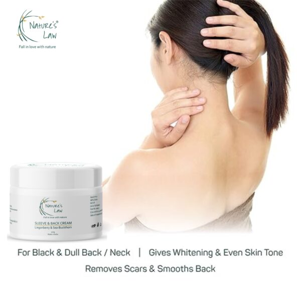 Nature’s Law Sleeve & Back Cream for dull back and neck – reduces scars, evens skin tone, and brightens for smooth, glowing skin.