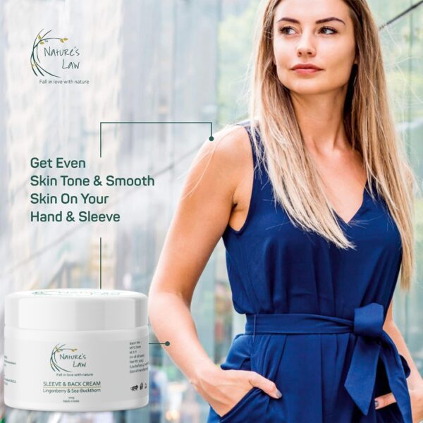 Nature’s Law Sleeve & Back Cream for hands and sleeves – evens skin tone, smooths skin, and reduces dullness.